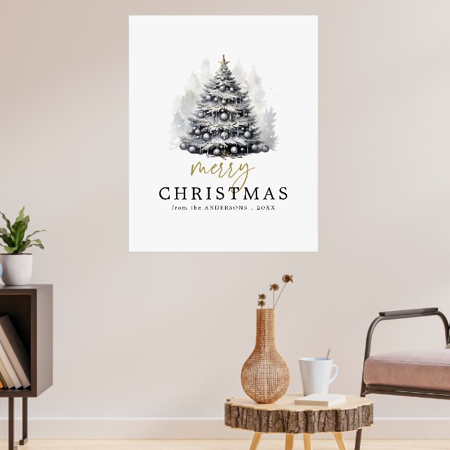 Affiche Joyeux sapin de Noël noir & blanc moderne (Salon 3)