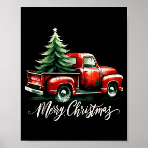 Affiche Joyeux sapin de Noël sur Camion Rouge Famille Vint