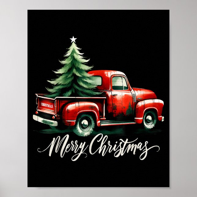 Affiche Joyeux sapin de Noël sur Camion Rouge Famille Vint (Devant)