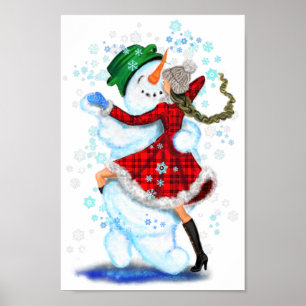 Affiche Joyeux Snowman et Fille Dance Tango fête de Noël