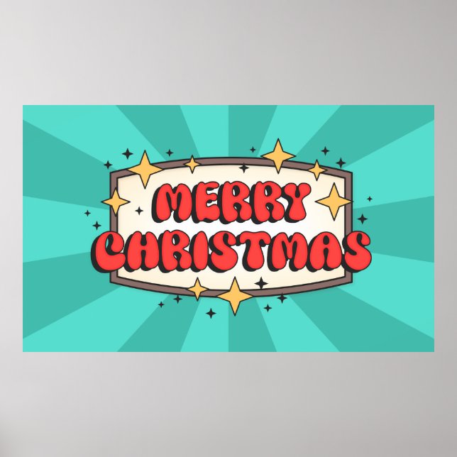 Affiche Joyeux texte funky de noël, dessin animé rétro sup (Devant)