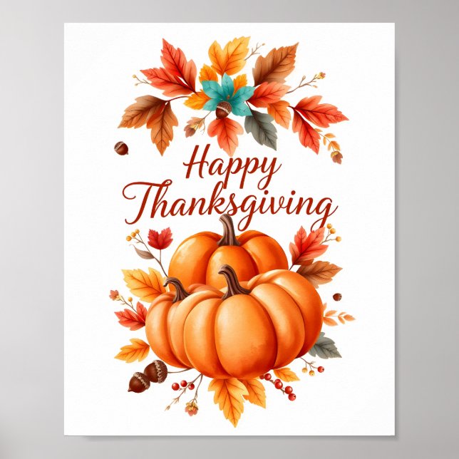 Affiche Joyeux Thanksgiving – Citrouilles d'automne et feu (Devant)