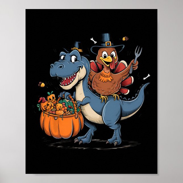 Affiche Joyeux Thanksgiving Enfants Dinde Drôle à Cheval s (Devant)