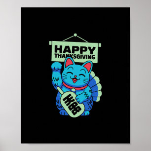Affiche Joyeux Thanksgiving Maneki Neko Chat Chinois Japon