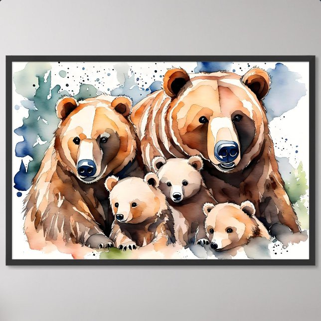 Affiche joyeux zoo de peinture de famille de grizzly (harmonious grizzly bear happy family painting zoo)