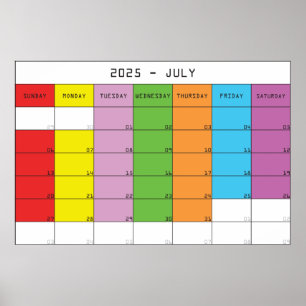 Affiche Juillet 2025 couleurs jours calendrier plancer