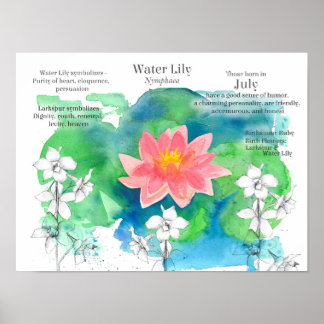 Affiche Juillet Anniversaire Nénuphar Larkspur Pond Fleurs