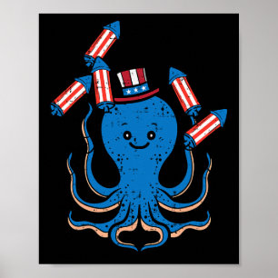 Affiche Juillet Octopus Fête de l'Indépendance Amérique Fe