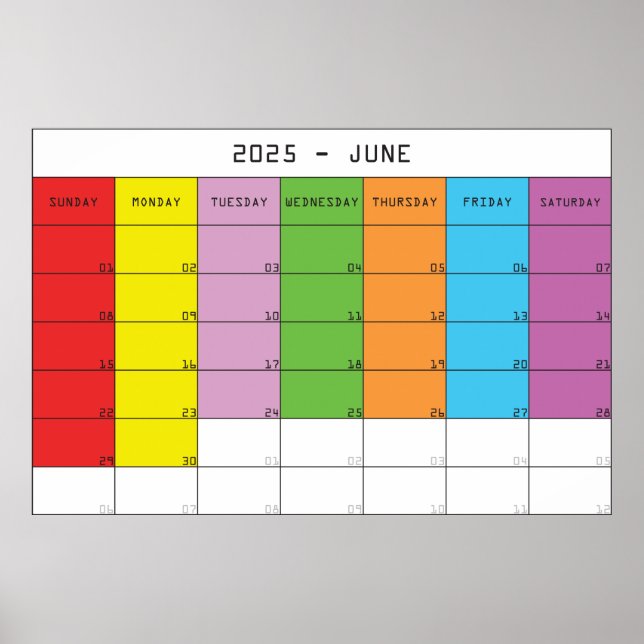 Affiche Juin 2025 jours de couleur calendrier planificateu (Devant)