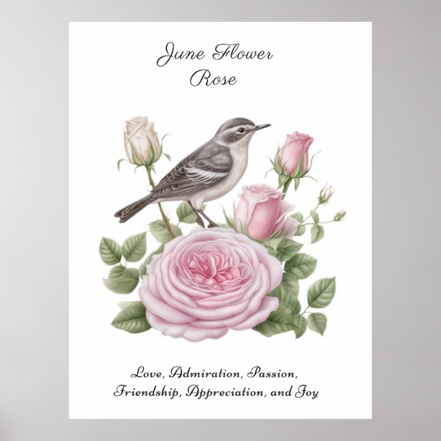 Affiche Juin Mois de naissance Fleur Rose Élégant Annivers (Devant)