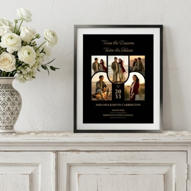 Affiche Jumeaux Diplômés Doubles à Collage en Arc Chic TMF (Stylish Double Graduation Poster with Five Arched Photo Placeholders and Luxury Gold Effect Accents.)