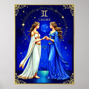 Affiche Jumeaux Gemini sous un ciel étoilé
