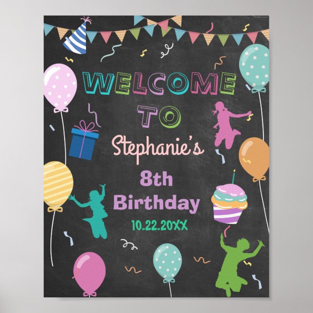 Affiche Jump Birthday Chalkboard Kid Trampoline Bienvenue (Devant)
