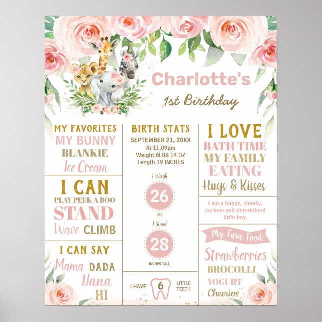 Affiche Jungle Animaux 1er Anniversaire Jalon Statistiques (Devant)