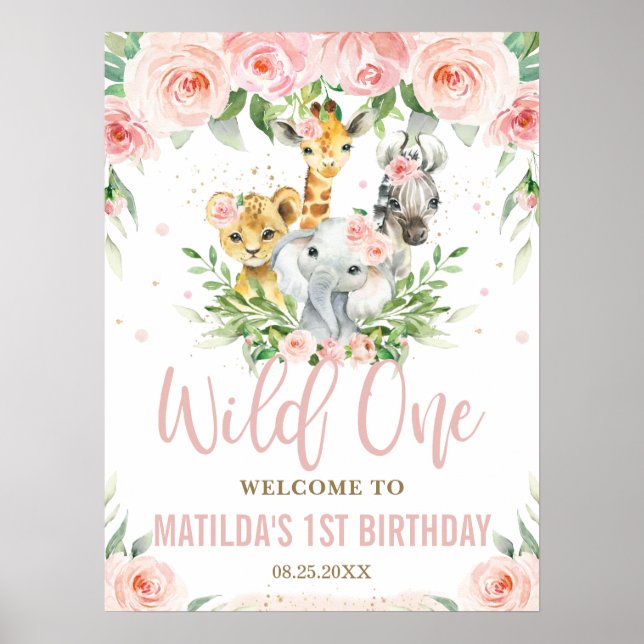 Affiche Jungle Animaux Blush Floral Wild Un 1er Bienvenue (Devant)