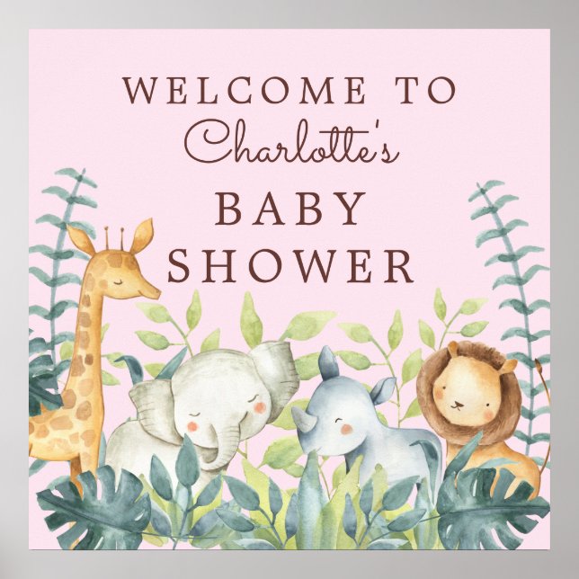 Affiche Jungle Animaux Filles Baby shower Bienvenue (Devant)