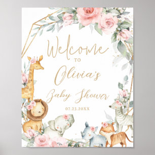 Affiche Jungle Animaux Fleurs Roses Bienvenue Baby Shower