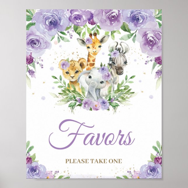 Affiche Jungle Animaux Purple Floral Baby shower Favoriser (Devant)