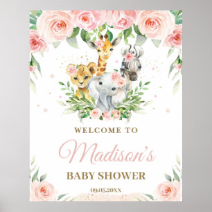 Affiche Jungle Animaux Safari Rose Floral Baby Welcome