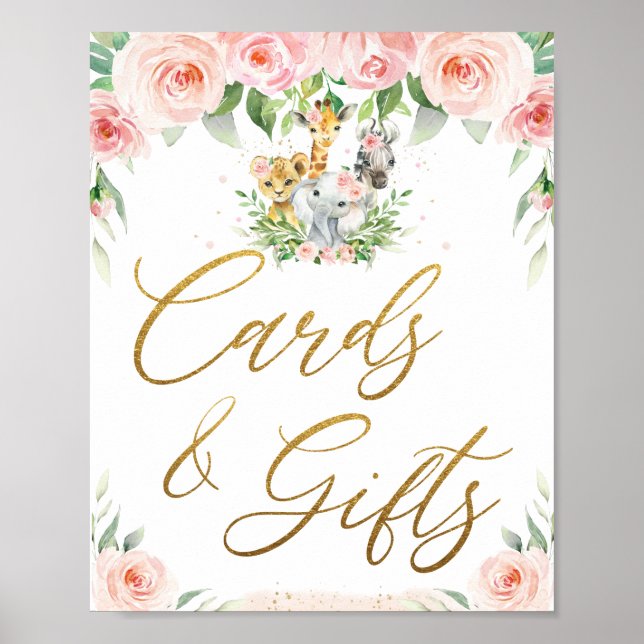 Affiche Jungle Animaux Safari Rose Floral Cartes et Cadeau (Devant)