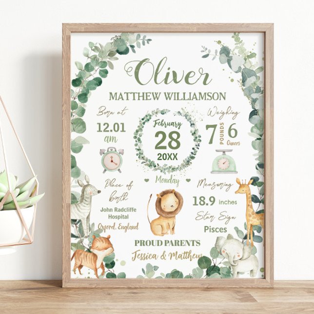 Affiche Jungle Animaux Végétation Bébé Naissance Imprimer  (jungle-animals-soft-greenery-wreath-whimsical-gender-neutral-birth-stats-print-sign-nursery-wall-art)