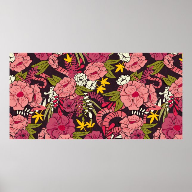 Affiche jungle florale avec serpents motif, fleur tropical (Devant)