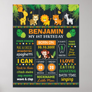 Affiche Jungle Safari Boy Stats de naissance Anniversaire 