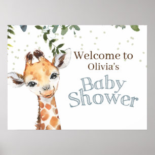 Affiche Jungle Safari Giraffe Baby shower bleu Bienvenue