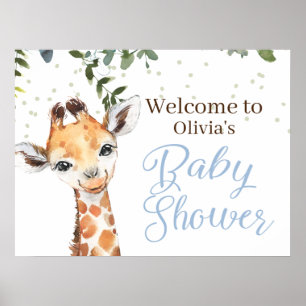 Affiche Jungle Safari Giraffe Blue Welcome Baby Shower