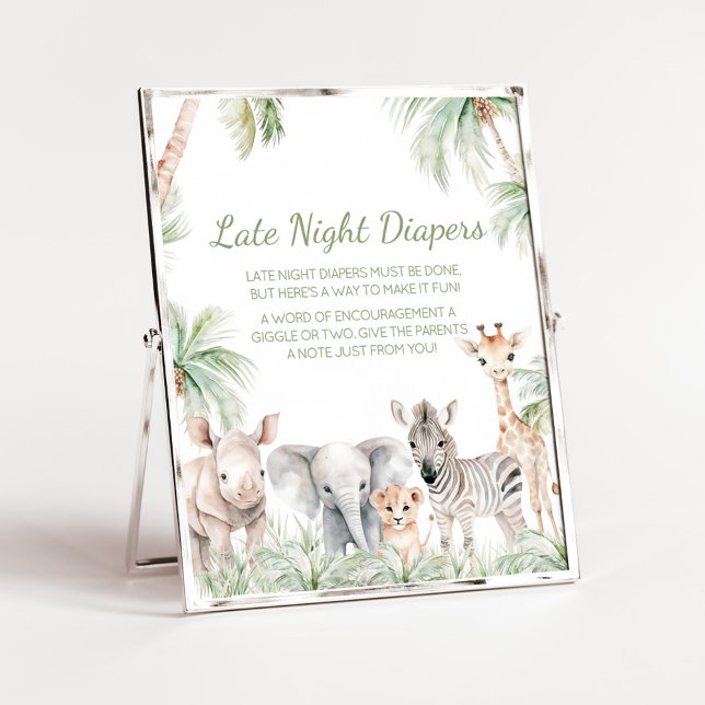 Affiche Jungle Safari Wild One Animaux Late Night Diapers (Jungle Safari Animals Wild One Baby Shower Late Night Diapers Sign)
