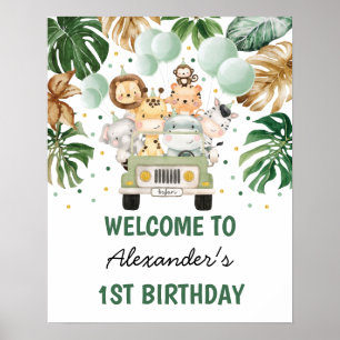 Affiche Jungle sauvage Animaux Verdure Or Anniversaire Bie
