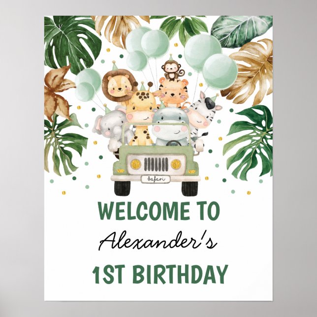 Affiche Jungle sauvage Animaux Verdure Or Anniversaire Bie (Devant)