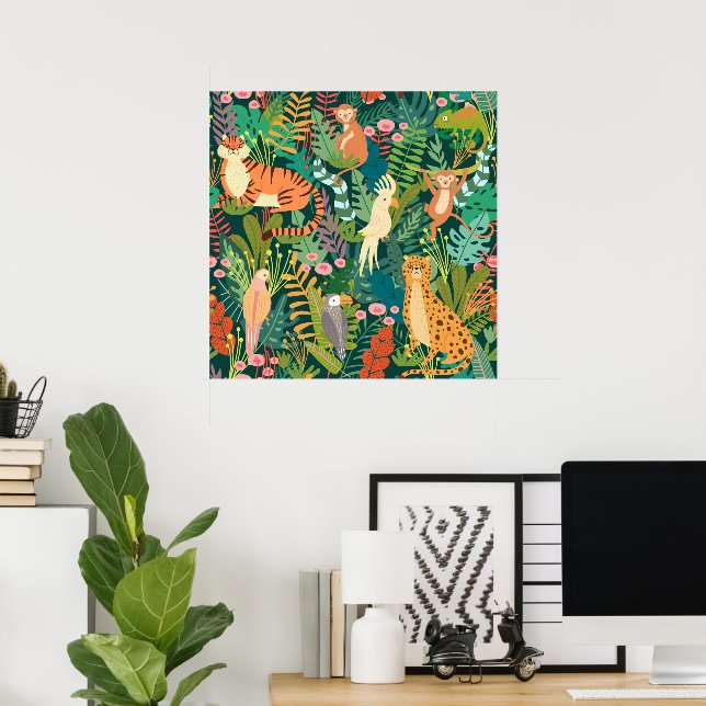 Affiche jungle verdoyante colorée l Aquarelle animaux sauv (Bureau à domicile)