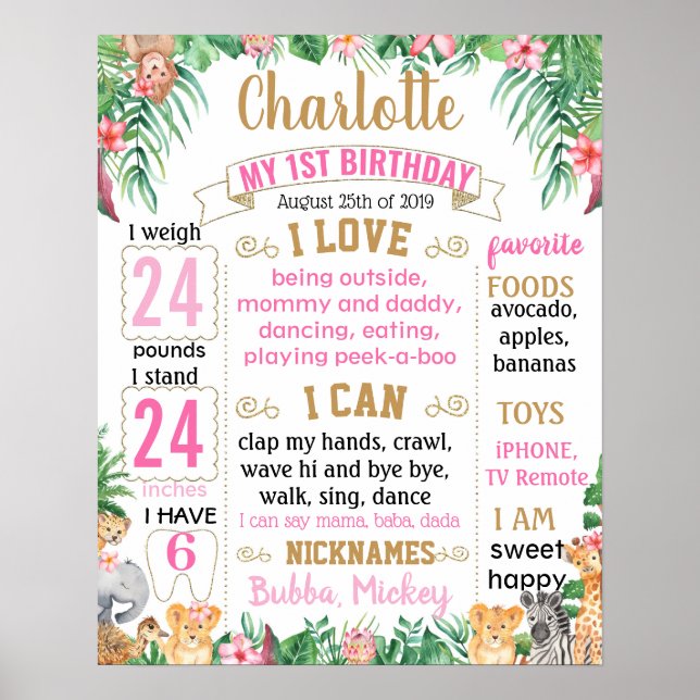 Affiche Jungle Zoo Safari Animaux Table d'anniversaire (Devant)