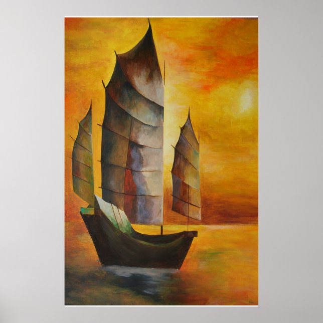 Affiche Junk chinoise en ocre et jaune (Devant)