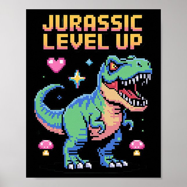 Affiche Juric Level Up Pixel Dinosaure Rétro Joueur 1  (Devant)