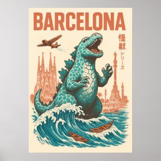 Affiche Kaiju Invasion Barcelona – Vintage Sci-Fi Art