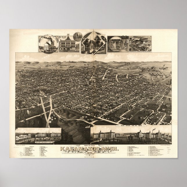 Affiche Kalamazoo Michigan 1883 Antique carte panoramique (Devant)