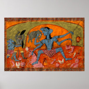 Affiche Kali aux teintes bleues tuant des démons