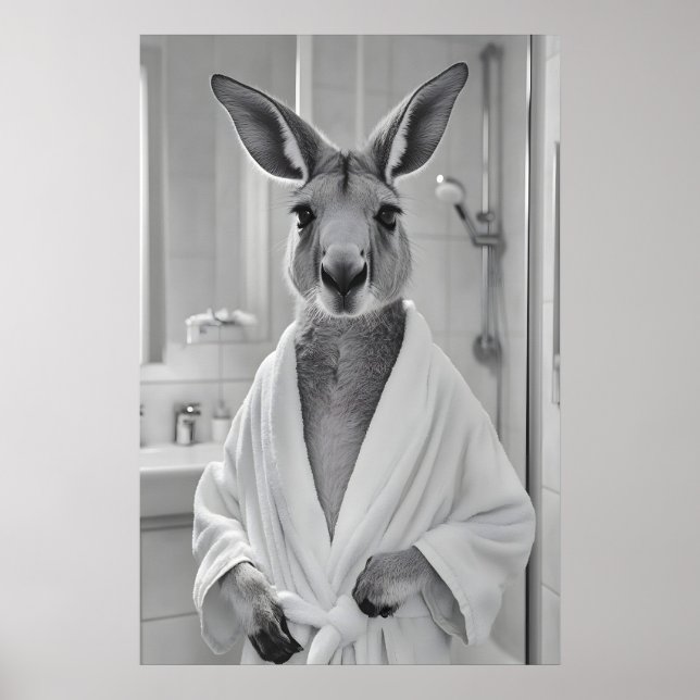 Affiche Kangaroo in Bathrobe Print, Funny Animal Bathroom (Devant)