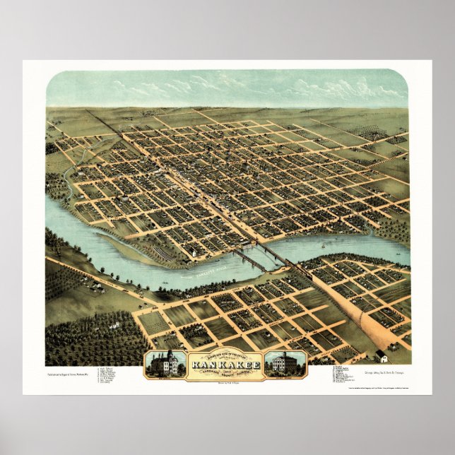 Affiche Kankakee, IL Carte panoramique - 1869 (Devant)
