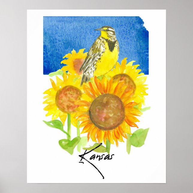Affiche Kansas State Shape Meadowlark Sunflowers  (Devant)