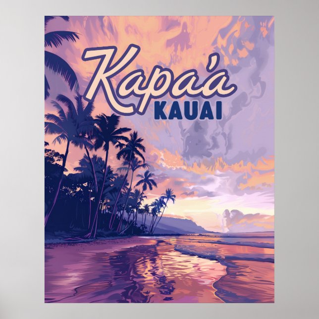 Affiche Kapaa Kauai Hawaii Beach Coucher de soleil Palmier (Devant)