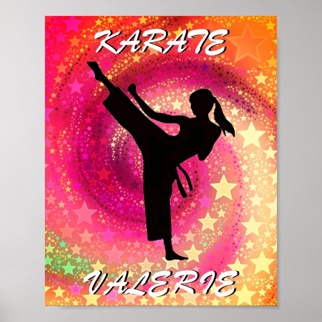 Affiche Karate Girl Kick Stars and Swirls Retro (Devant)