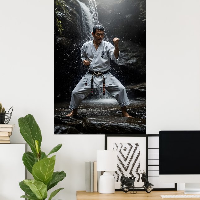 Affiche Karate Master Performing Kata Under Waterfall (Bureau à domicile)