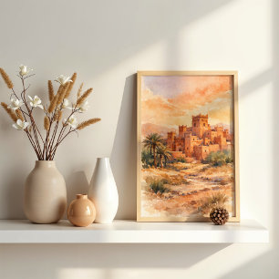 Affiche Kasbah du désert marocain à l'aquarelle