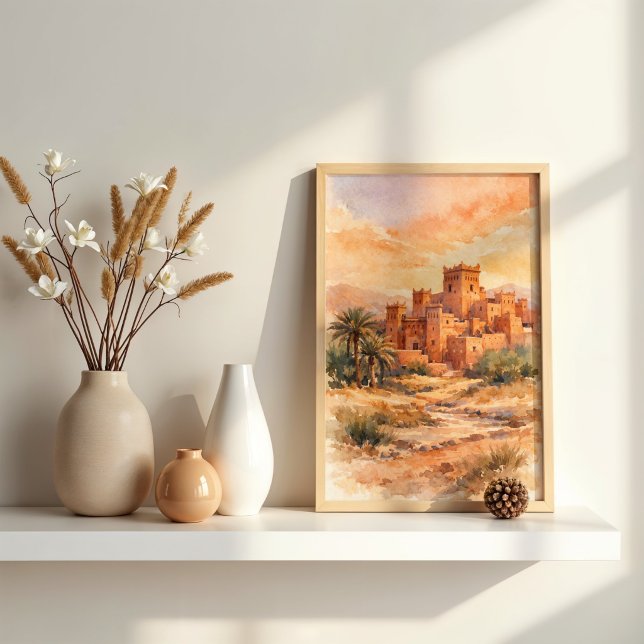 Affiche Kasbah du désert marocain à l'aquarelle (Créateur téléchargé)