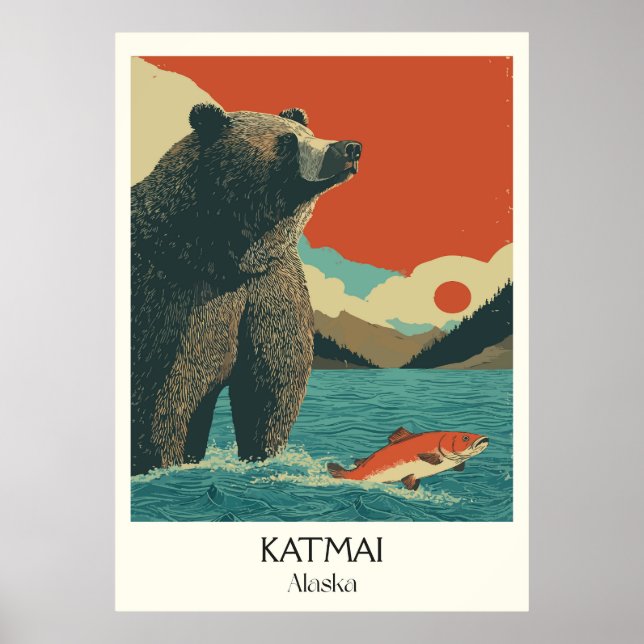 Affiche Katmai Alaska Ours Pêche Saumon (Devant)
