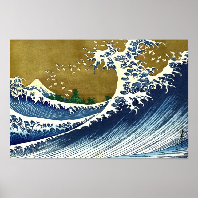 Affiche Katsushika Hokusai - Grande vague colorée (Devant)