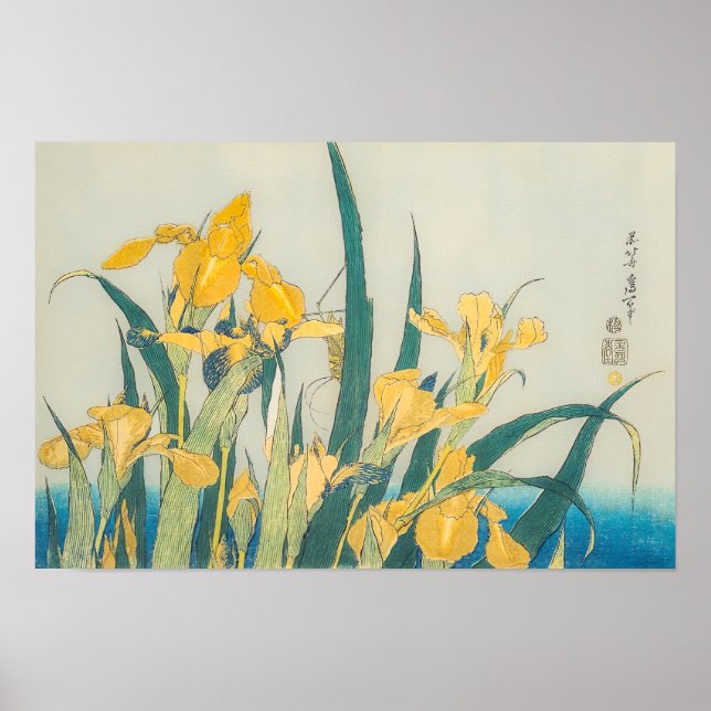 Affiche Katsushika Hokusai - Sauterelle et Iris (Devant)